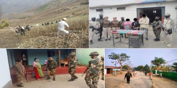 मणिपुर में अफीम की खेती को नष्ट करने, ब्राउन शुगर के साथ गिरफ्तार तस्कर एवं तलाशी अभियान चलाते सुरक्षा बल के जवान।