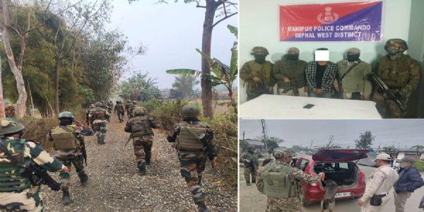 मणिपुरः गिरफ्तार केसीपी का कैडर एवं तलाशी अभियान चलाते सुरक्षा बल