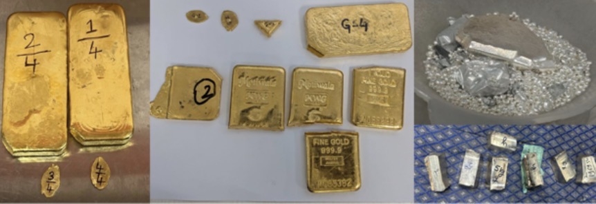 दिल्ली और कोलकाता में डीआरआई की कार्रवाई में जब्त किया गया विदेशी सोना, चांदी और नकदी।