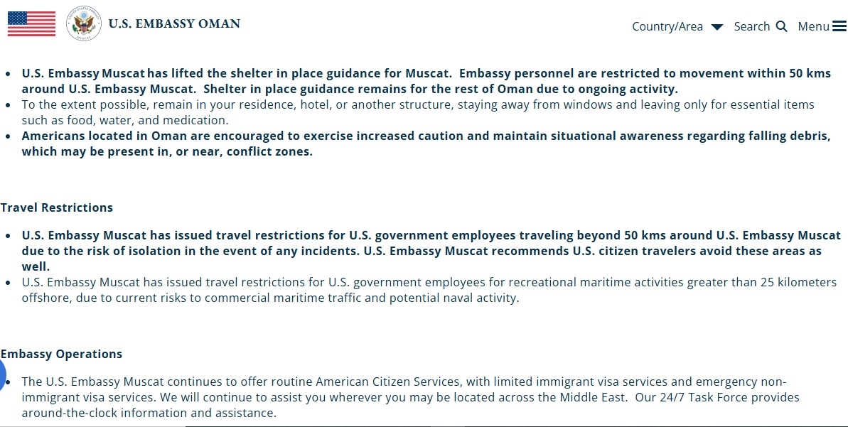 ओमान में माैजूद अमेरिकी दूतावास द्वारा जारी आदेश ओमान में माैजूद अमेरिकी दूतावास द्वारा जारी आदेश