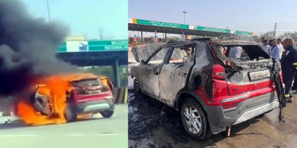 गुरुग्राम-सोहना रोड पर चलती गाड़ी में लगी आग