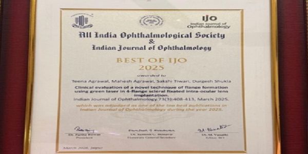 इंदौरः जटिल मोतियाबिंद सर्जरी के पश्चात लेंस प्रत्यारोपण पर शोध के लिए डॉ. टीना अग्रवाल को मिला राष्ट्रीय सम्मान