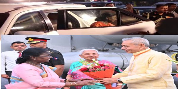महामहिम राष्ट्रपति श्रीमती द्रौपदी मुर्मु  का स्वागत करती राज्यपाल अैार केबिनेट मंत्री