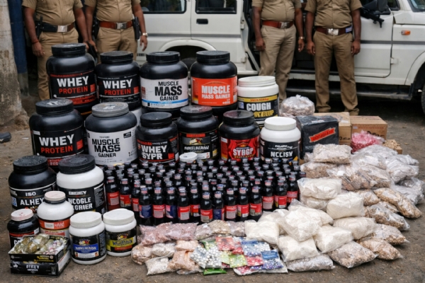 चेन्नई मायलापुर में चुनावी जांच के दौरान प्रोटीन पाउडर बॉक्स और ‘हांस’ सहित नशीले पदार्थ जब्त* चेन्नई मायलापुर में चुनावी जांच के दौरान प्रोटीन पाउडर बॉक्स और ‘हांस’ सहित नशीले पदार्थ जब्त*