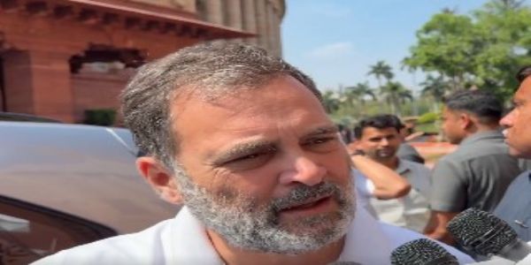 संसद भवन परिसर में पत्रकारों से बात करते राहुल गांधी