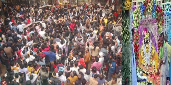 बांकेबिहारी मंदिर में श्रद्धालुओं का सैलाब, इंसेट में ठाकुर बांकेबिहारी जी महाराज