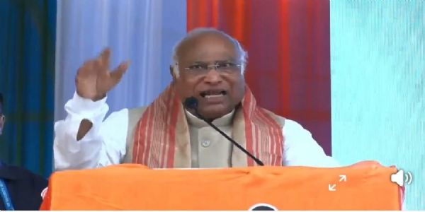 Congress national president Mallikarjun khadge addressing an election rally in Assam.