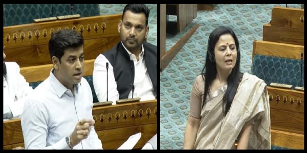 संसद में बोलते श्रीकांत शिंदे और महुआ मोइत्रा