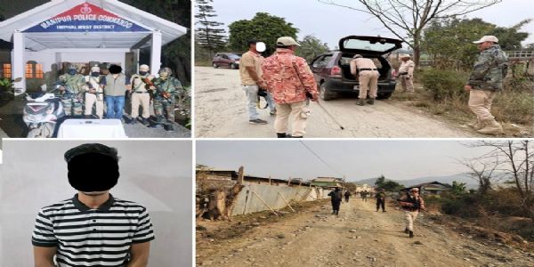 मणिपुर में गिरफ्तार उग्रवादियों एवं तलाशी अभियान चलाते सुरक्षा कर्मियों की तस्वीर