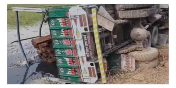अवैध लकड़ी से लदा ट्रक पलटा, चालक फरार
