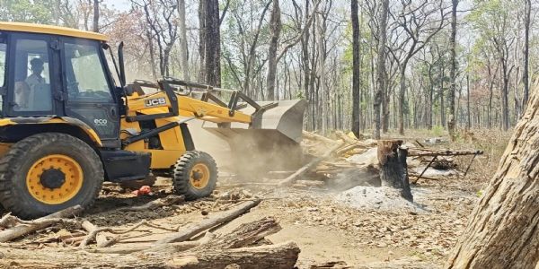 जंगल में अतिक्रमण, 50 से अधिक झोपड़ियों पर चला बुलडोजर