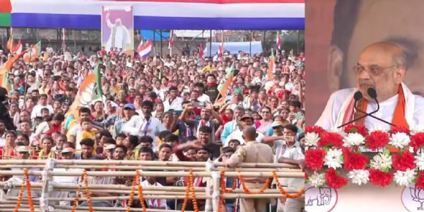 असमः कोलियाबर में चुनावी सभा को संबोधित करते केंद्रीय गृह मंत्री अमित शाह