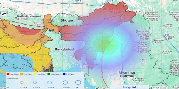 मणिपुर के कामजोंग जिले में आए भूकंप का मैप।