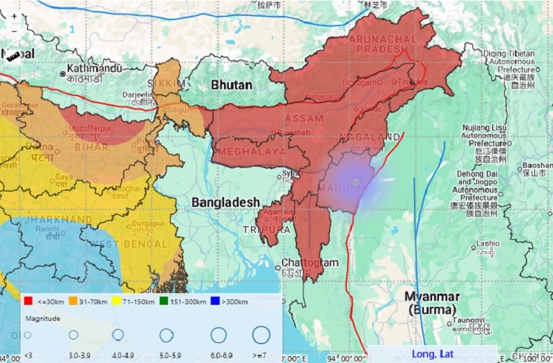 मणिपुर के कामजोंग जिले में आए भूकंप का मैप।
