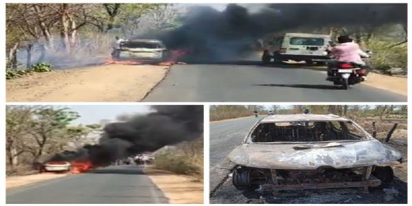 उमरिया : भीषण गर्मी में चलती कार बनी आग का गोला, बाल-बाल बचा चालक