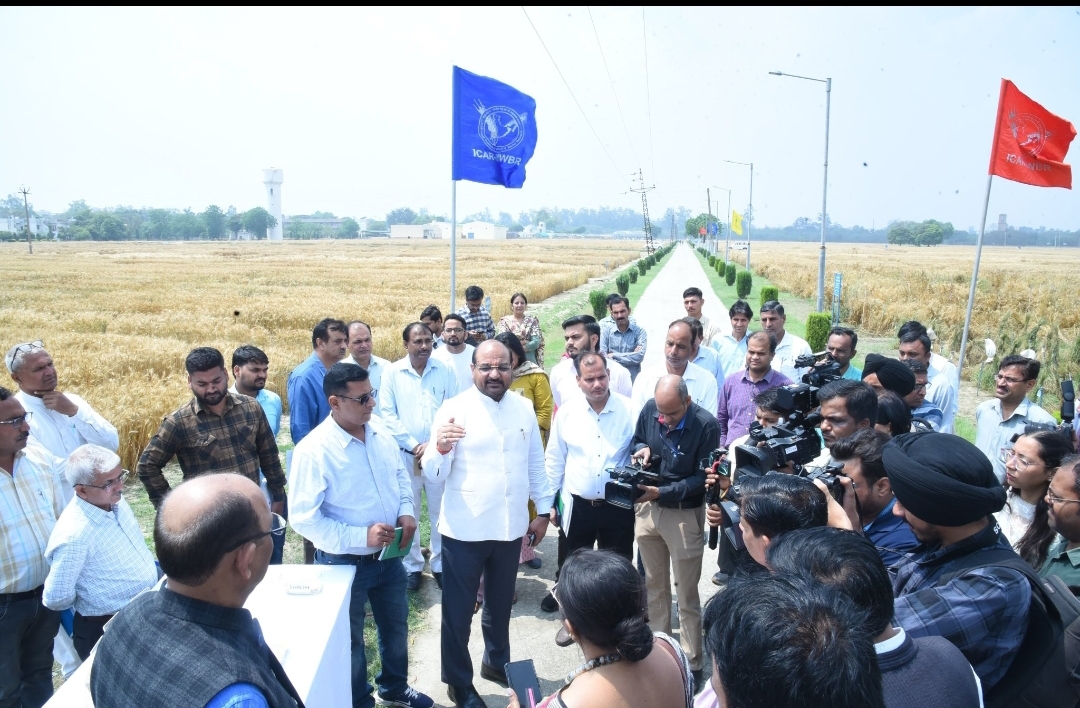 करनाल में गेहूं, जौ पर चल रहे अनुसंधान पर बात करते हुए डॉ एम एल जाट