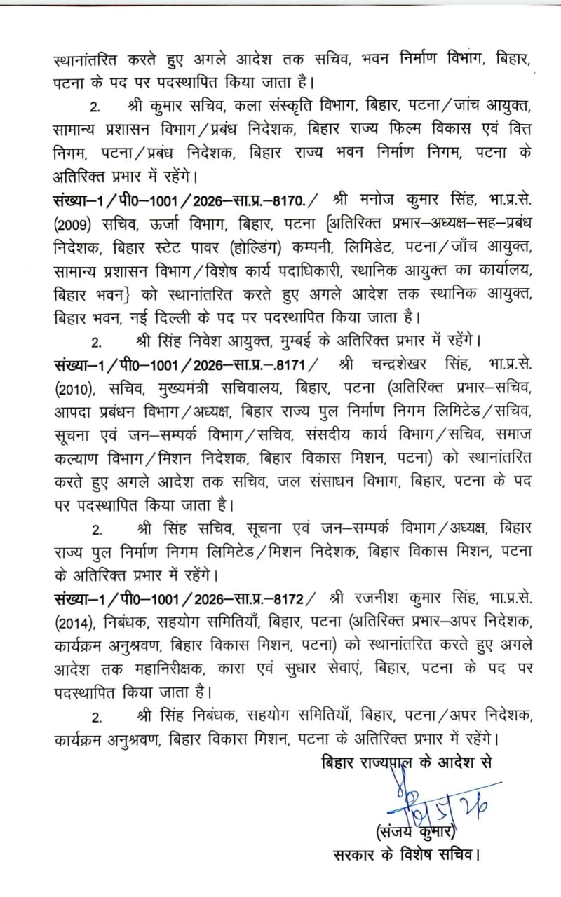 बिहार में आईएएस अधिकारियों का तबादला, कुमार रवि स्वास्थ्य, लोकेश कुमार सिंह पर्यटन, प्रणव कुमार भवन निर्माण विभाग के सचिव बनें बिहार में आईएएस अधिकारियों का तबादला, कुमार रवि स्वास्थ्य, लोकेश कुमार सिंह पर्यटन, प्रणव कुमार भवन निर्माण विभाग के सचिव बनें