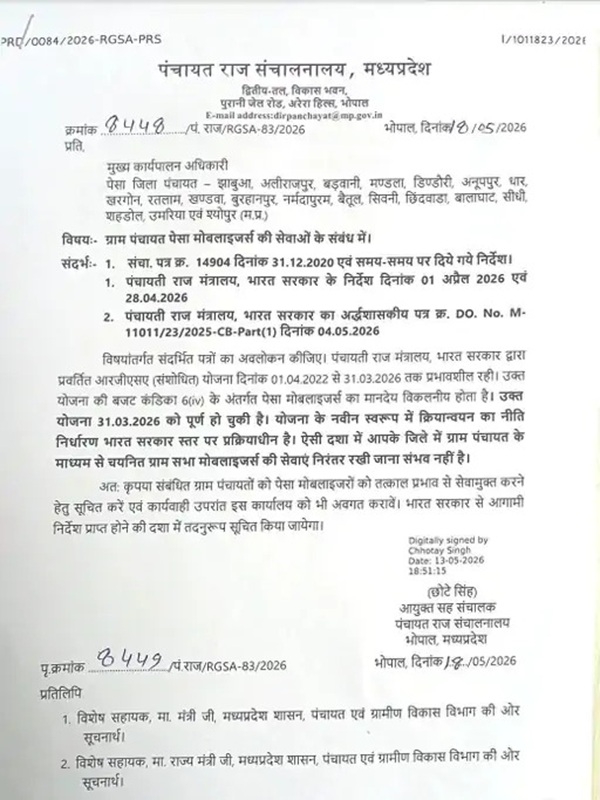 मप्र पंचायत राज संचालनालय द्वारा जारी आदेश मप्र पंचायत राज संचालनालय द्वारा जारी आदेश