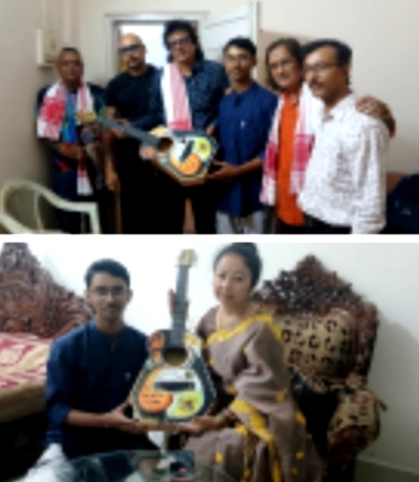 Zubeen Memorial Guitar” presenting to Zubeen Garg’s wife Garima Saikia Garg, along with musicians Raja Baruah, Diganta Sharma, Partha Goswami and Priyanku Bordoloi. Zubeen Memorial Guitar” presenting to Zubeen Garg’s wife Garima Saikia Garg, along with musicians Raja Baruah, Diganta Sharma, Partha Goswami and Priyanku Bordoloi.