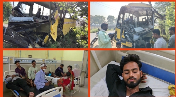 दुर्घटना के क्षतिग्रस्त बस व घायल बाराती