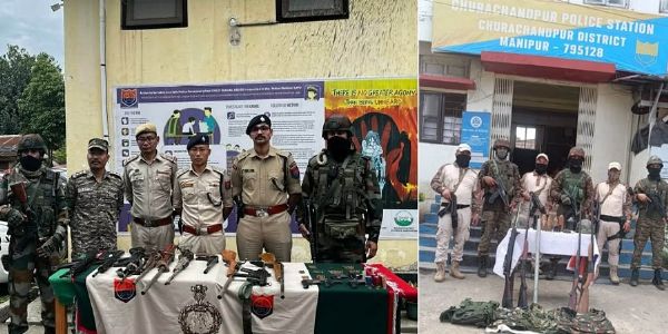 मणिपुर के दो अलग-अलग हिस्सों से बरामद हथियार एवं विस्फोटकों का दृश्य