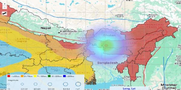 असमः कोकराझार जिले में आए भूकंप का मानचित्र