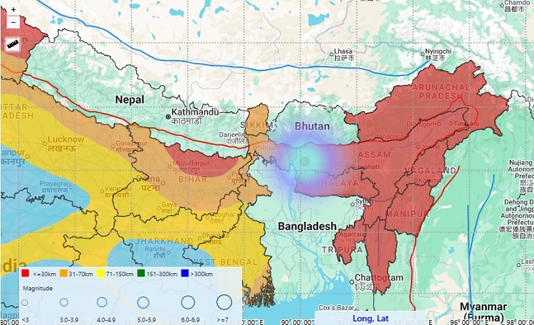 असमः धुबड़ी जिले में आए भूकंप का मानचित्र