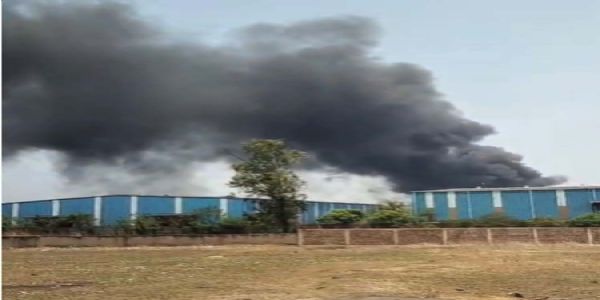 पोरवाल ऑयल फैक्ट्री में लगी भीषण आग, फायर ब्रिगेड की गाड़ियां आग बुझाने में जुटी
