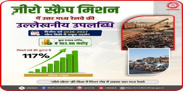 उत्तर मध्य रेलवे ने पहली तिमाही में स्क्रैप बिक्री से अर्जित किया 103.96 करोड़ रुपये, बना रिकॉर्ड