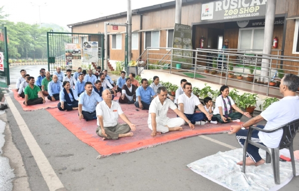 टाटा जू में योग का संचालन करते प्रख्यात योग प्रशिक्षक एवं आयुर्वेद विशेषज्ञ डॉ. अनिल रॉय
