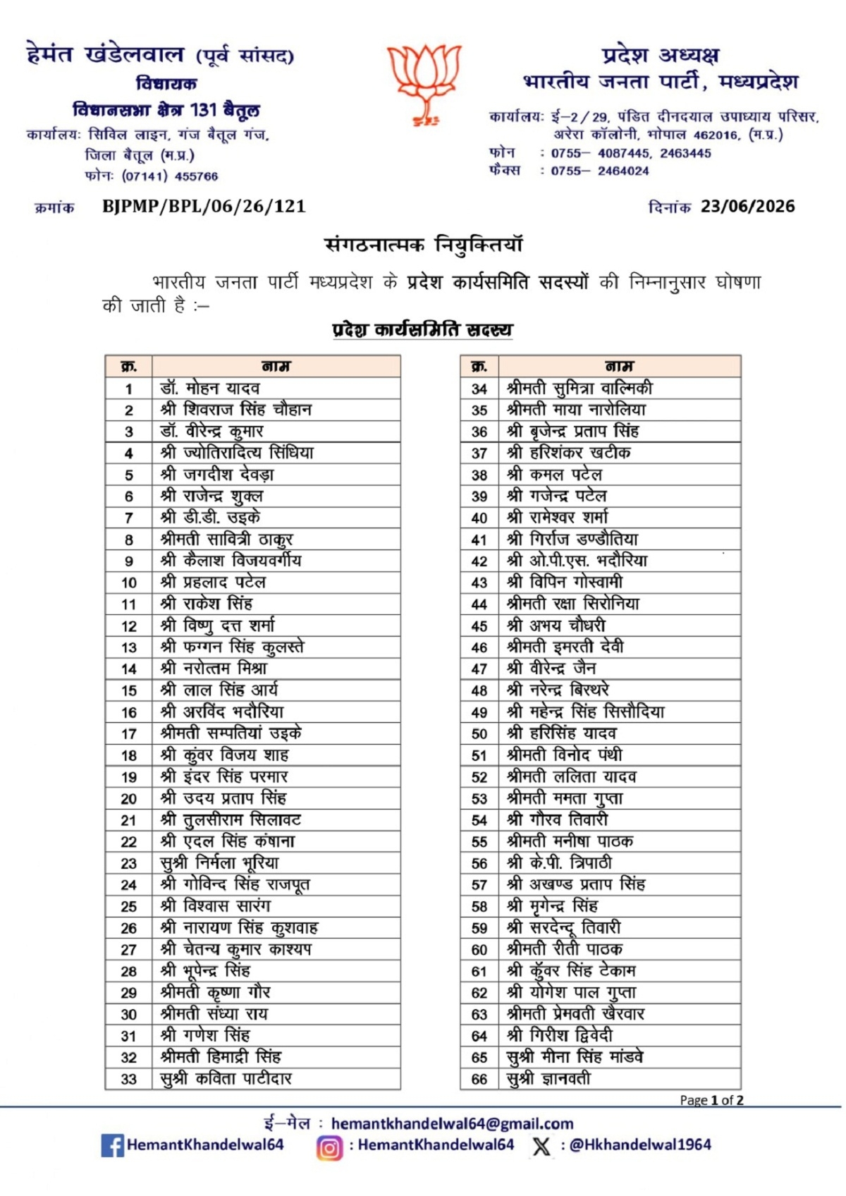 भाजपा प्रदेश कार्यसमिति की सूची भाजपा प्रदेश कार्यसमिति की सूची