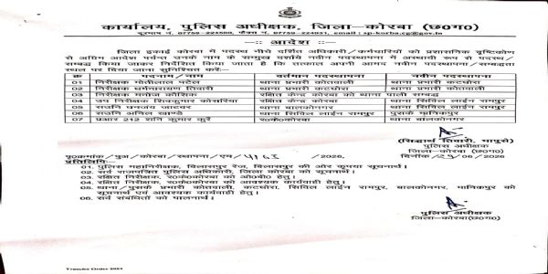 कोरबा पुलिस विभाग में बड़ा फेरबदल, सात अधिकारियों-कर्मचारियों के तबादले