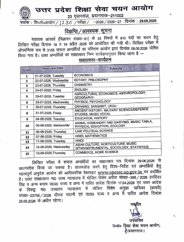 आयोग की ओर से जारी साक्षात्कार पत्र