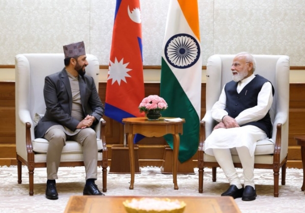 एकीकृत भारत दौरे पर नेपाल की राष्ट्रीय स्वतन्त्र पार्टी के अध्यक्ष रबि लामिछाने के साथ प्रधानमंत्री नरेन्द्र मोदी।