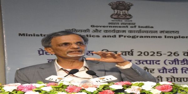 जीडीपी के आंकड़ें जारी करते वी. अनंत नागेश्वरन और अन्य
