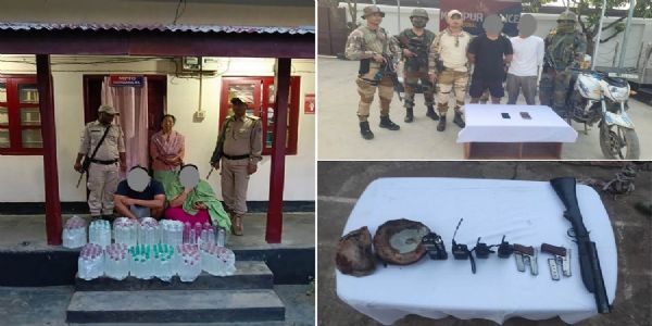 मणिपुरः सुरक्षा बलों द्वारा चलाए गये अभियानों में गिरफ्तार उग्रवादी, शराब तस्कर एवं बरामद हथियारों का दृश्य मणिपुरः सुरक्षा बलों द्वारा चलाए गये अभियानों में गिरफ्तार उग्रवादी, शराब तस्कर एवं बरामद हथियारों का दृश्य