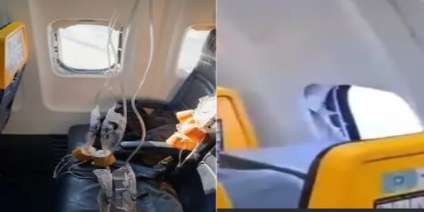 रायनएयर के बोइंग 737 विमान की टूटी खिड़की रायनएयर के बोइंग 737 विमान की टूटी खिड़की