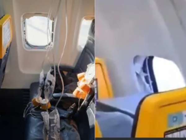 रायनएयर के बोइंग 737 विमान की टूटी खिड़की रायनएयर के बोइंग 737 विमान की टूटी खिड़की