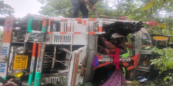 अमझरिया घाटी में पाइप लदा ट्रक पलटा, चालक की मौत