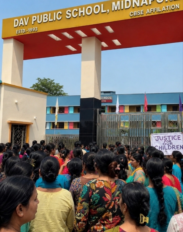 मेदिनीपुर स्कूल में उपस्थित अभिभावकों की भीड़