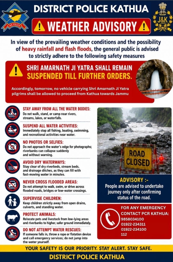 Kathua Police issues advisory amidst the threat of heavy rain and flash floods; urges people to remain alert. Kathua Police issues advisory amidst the threat of heavy rain and flash floods; urges people to remain alert.