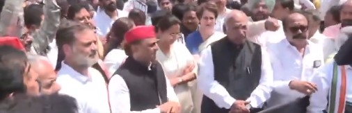 संसद परिसर के मकर द्वार पर प्रदर्शन करते विपक्षी सांसद। संसद परिसर के मकर द्वार पर प्रदर्शन करते विपक्षी सांसद।