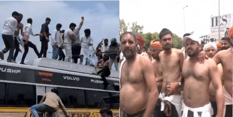 आंदोलन के दौरान बस पर चढ़े किसान, कुछ ने अर्धनग्न होकर किया प्रदर्शन