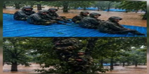 नारायणपुर के कुकुर नदी का पानी बीएसएफ कैंप में घुसा, जवानों ने टीन शेड की छत व पेड़ों का लिया सहार