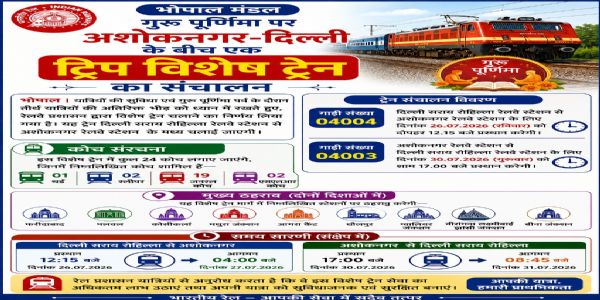 गुरु पूर्णिमा पर दिल्ली-अशोकनगर के बीच चलेगी स्पेशल ट्रेन