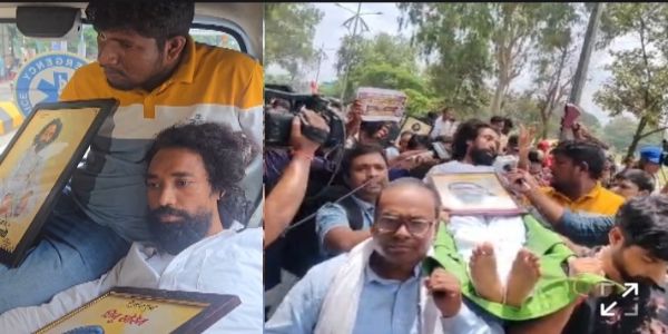 एम्बुलेंस से विधानसभा घेराव करने पहुंचे देवेंद्रनाथ महतो, समर्थकों ने कंधे पर उठाकर आगे बढ़ाया