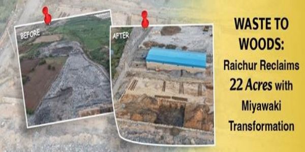 रायचूर में यकलसपुरा डंपसाइट को साफ कर 22 एकड़ भूमि पर मियावाकी जंगल विकसित किया जा रहा। रायचूर में यकलसपुरा डंपसाइट को साफ कर 22 एकड़ भूमि पर मियावाकी जंगल विकसित किया जा रहा।