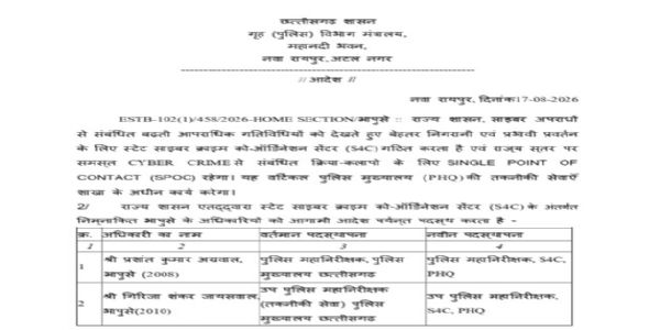 छत्तीसगढ़ में स्टेट साइबर क्राइम को-ऑर्डिनेशन सेंटर का गठन, वरिष्ठ आईपीएस प्रशांत अग्रवाल और गिरिजा जायसवाल को मिली नई जिम्मेदारी