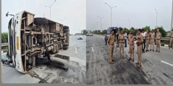 वाहन काे बचाने में बेकाबू हाेकर बस पलटी ,14 कर्मचारी घायल