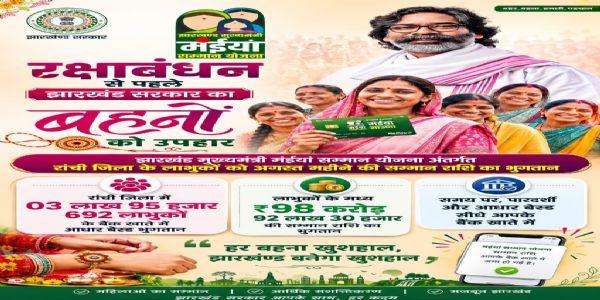 रक्षाबंधन से पहले रांची जिला की लाभुकों को सरकार ने भेजी मंईयां सम्मान योजना की राशि